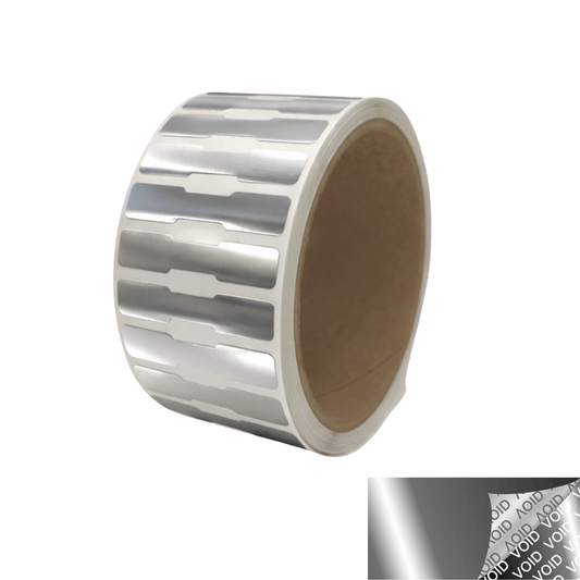 500 TamperVoidPro® Metallic Silver Chrome Tamper-Evident Security Labels Seal Sticker, Dogbone Shape Size 1.75" x 0.375 (44mm x 9mm).