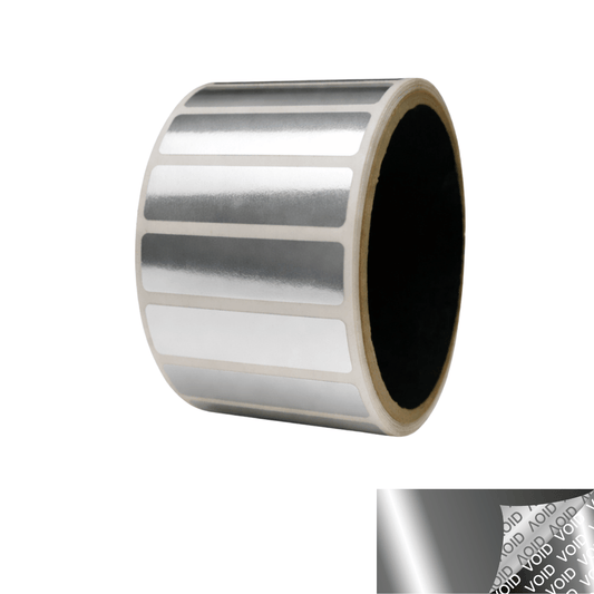 500 TamperVoidPro® Metallic Silver Chrome Tamper-Evident Security Labels Seal Sticker, Rectangle 2" x 0.5" (51mm x 13mm).