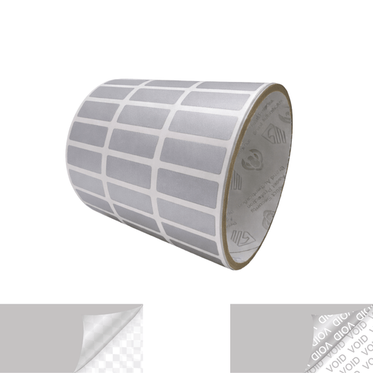 250 TamperVoidPro® Silver Matte Tamper-Evident Security Labels Seal Sticker, Rectangle 1" x 0.375" (25mm x 9mm).