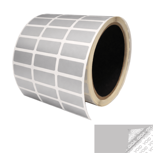 500 TamperVoidPro® Silver Matte Tamper-Evident Security Labels Seal Sticker, Rectangle 0.1" x 0.5" (25mm x 13mm).