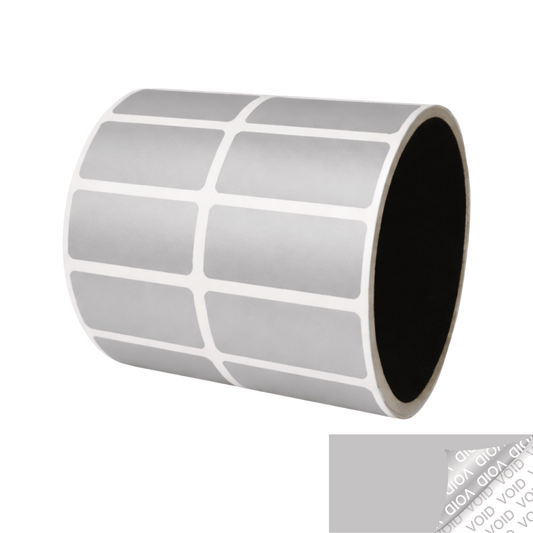 500 TamperVoidPro® Silver Matte Tamper-Evident Security Labels Seal Sticker, Rectangle 1.5" x 0.6" (38mm x 15mm).