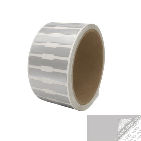 500 TamperVoidPro® Silver Matte Tamper-Evident Security Labels Seal Sticker, Dogbone Shape Size 1.75" x 0.375 (44mm x 9mm).