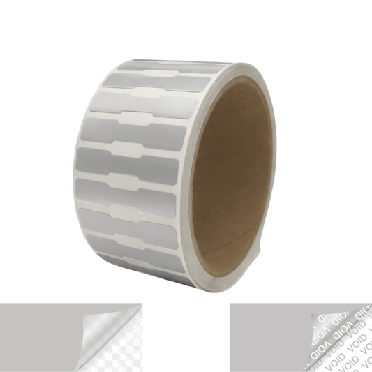 250 TamperVoidPro® Silver Matte Tamper-Evident Security Labels Seal Sticker, Dogbone Shape Size 1.75" x 0.375 (44mm x 9mm).