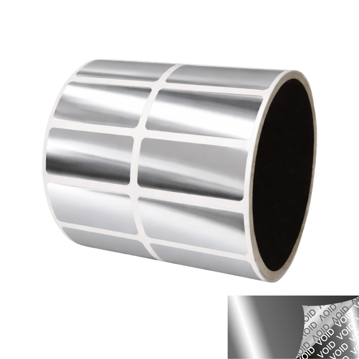 1,000 Bright TamperVoid® Metallic Silver Tamper-Evident Security Labels Seal Sticker, Rectangle 1.5" x 0.6" (38mm x 15mm).