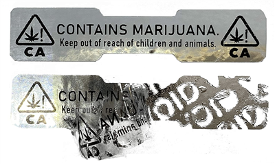 2,000 Dog Bone California Contains Marijuana Silver Chrome Tamper Proof Labels Seal Sticker, Dogbone Size 1.75" x 0.375" (44mm x 9mm).