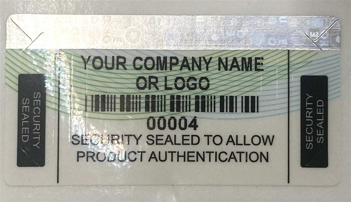 10,000 Security Label with Holographic Stripe Partially Destructible Size 2" x 1" (51mm x 25mm). >Click on item details to customize.