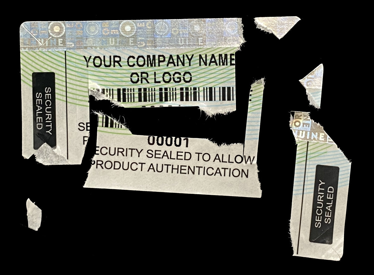 500 Security Label with Holographic Stripe Partially Destructible Size 2" x 1" (51mm x 25mm). >Click on item details to customize.