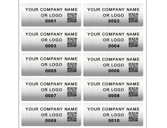 10,000 Custom Printed Asset Identification Security Stickers with Brushed Chrome Finish Size 1.5" x  0.6" (38mm x 15mm) >Click on item details to customize.