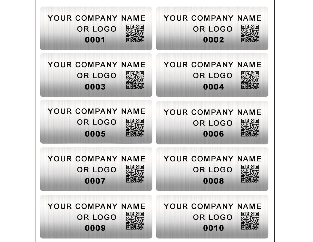500 Custom Printed Asset Identification Security Stickers with Brushed Chrome Finish Size 1.5" x  0.6" (38mm x 15mm) >Click on item details to customize.
