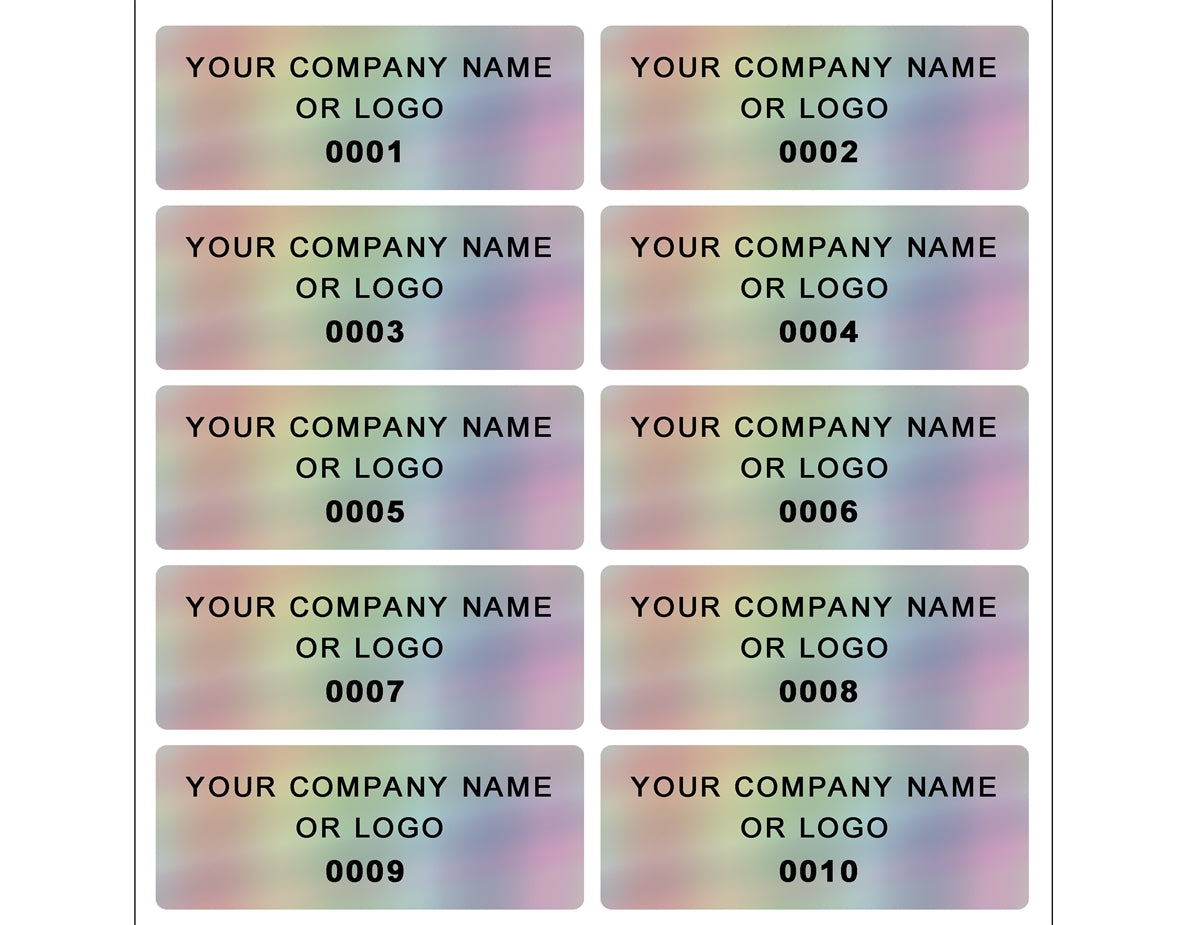 2,000 Custom Printed Asset Identification Security Stickers with Holographic Rainbow Finish Size 1.5" x  0.6" (38mm x 15mm) >Click on item details to customize.