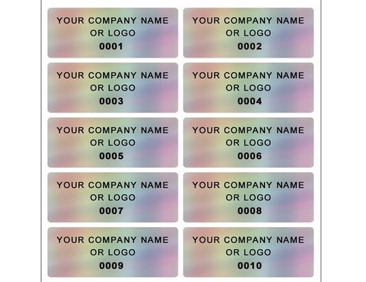 500 Custom Printed Asset Identification Security Stickers with Holographic Rainbow Finish Size 1.5" x  0.6" (38mm x 15mm) >Click on item details to customize.