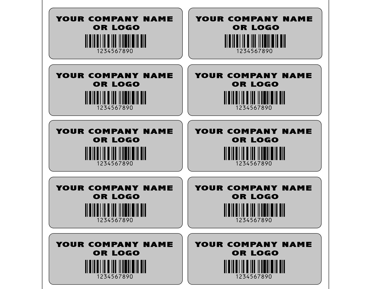 500 Silver Matte Asset Identification Security Labels 1.5" x  0.6" (38mm x 15mm), Custom Print. >Click on item details to customize it.