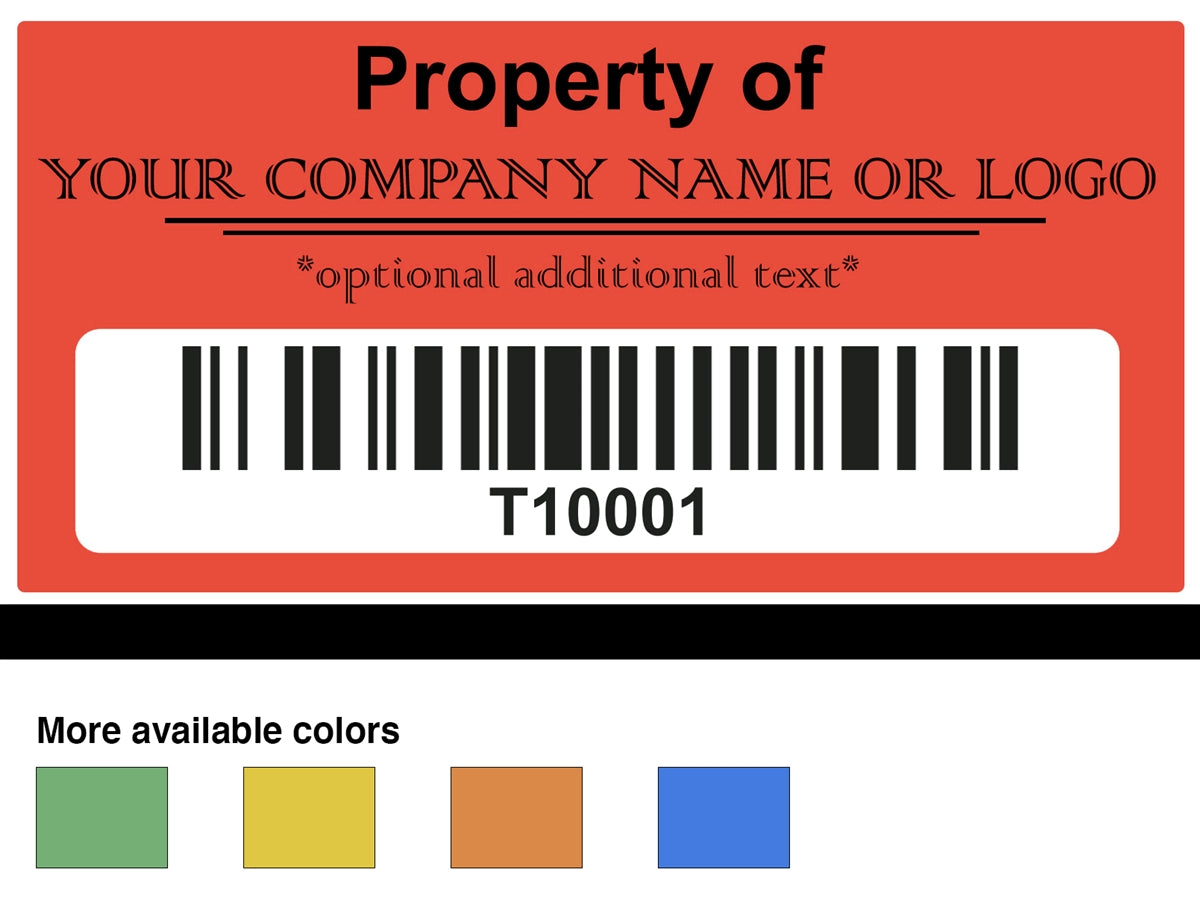 1,000 Two Color Asset Identification Security Labels 1.5" x  0.6" (38mm x 15mm), Custom Print. >Click on item details to customize it.