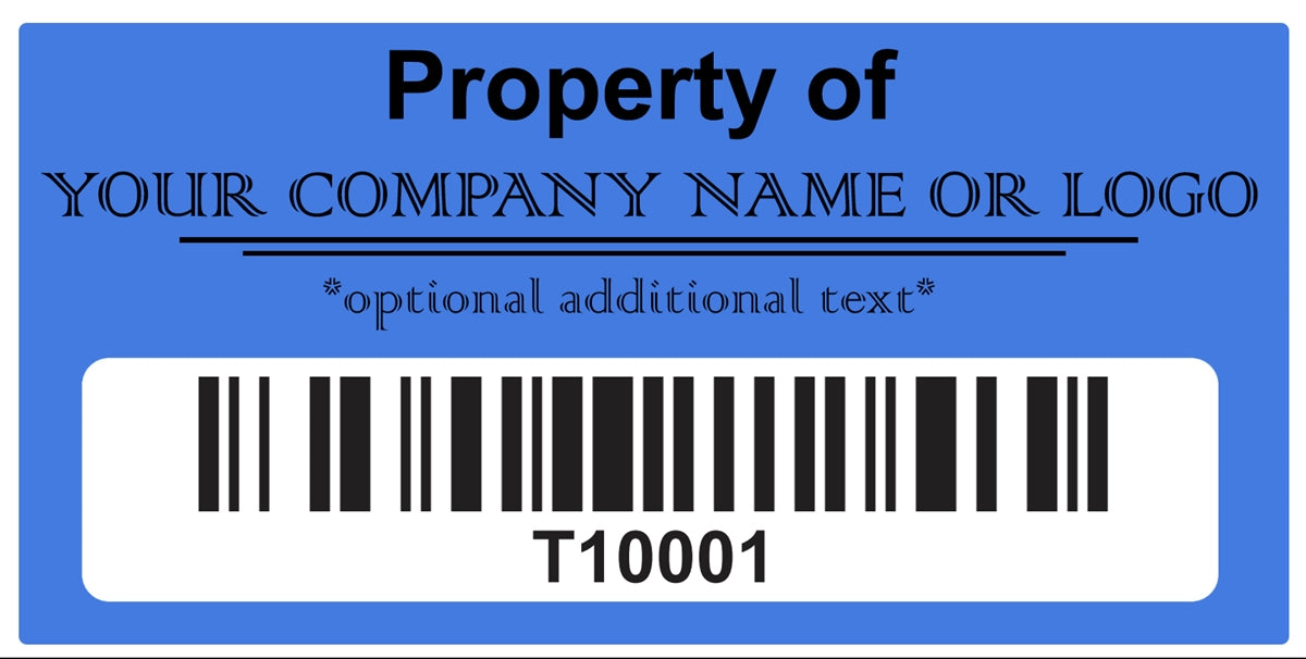 1,000 Two Color Asset Identification Security Labels 1.5" x  0.6" (38mm x 15mm), Custom Print. >Click on item details to customize it.