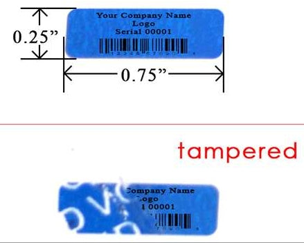 1,000 TamperColor Blue Custom Printed Security Labels: Tamper Evident, Rectangle 0.75" x 0.25" (19mm x 6mm) >Click on item details to customize.
