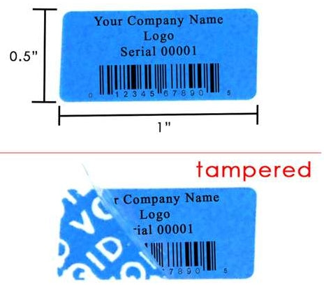 1,000 TamperColor Blue Custom Printed Security Labels: Tamper Evident, Rectangle 1" x 0.5" (25mm x 13mm) >Click on item details to customize.