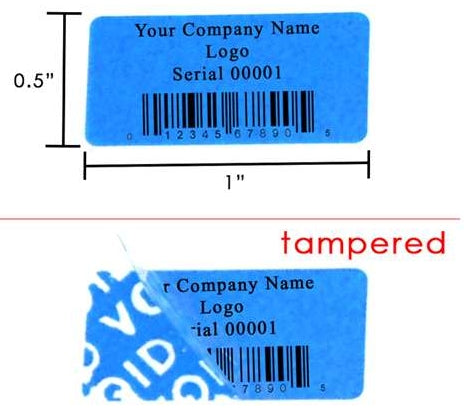 500 TamperColor Blue Custom Printed Security Labels: Tamper Evident, Rectangle 1" x 0.5" (25mm x 13mm) >Click on item details to customize.