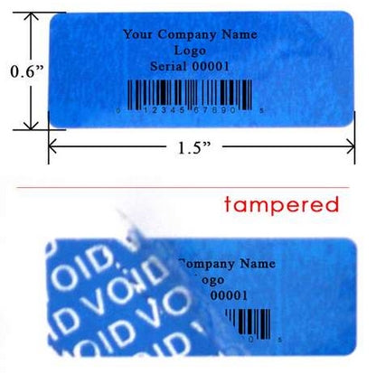 10,000 TamperColor Blue Custom Printed Security Labels: Tamper Evident, Rectangle 1.5" x 0.6" (38mm x 15mm) >Click on item details to customize.