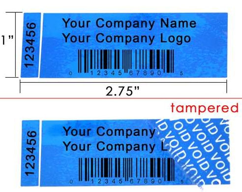 10,000 TamperColor Blue Custom Printed Security Labels: Tamper Evident, Rectangle 2.75" x 1" (70mm x 25mm) >Click on item details to customize.