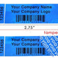5,000 TamperColor Blue Custom Printed Security Labels: Tamper Evident, Rectangle 2.75" x 1" (70mm x 25mm) >Click on item details to customize.