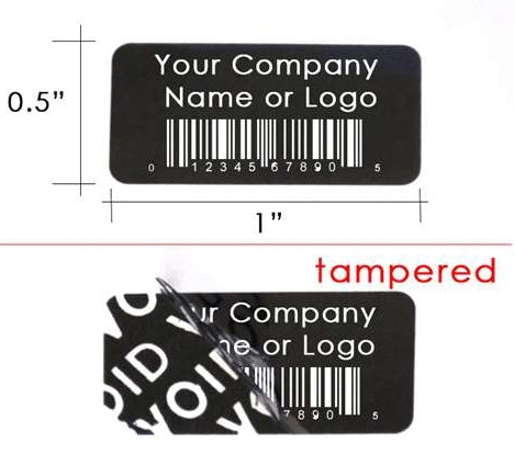 2,000 TamperColor Black Custom Printed Security Labels: Tamper Evident, Rectangle 1" x 0.5" (25mm x 13mm) >Click on item details to customize.