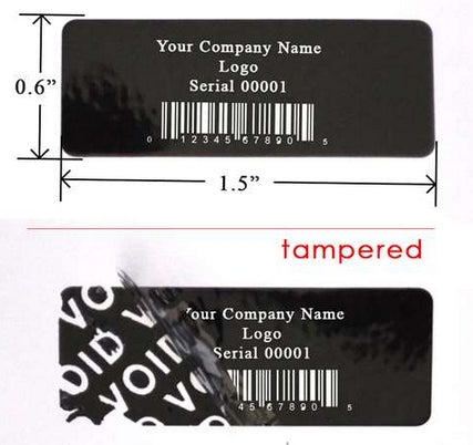 10,000 TamperColor Black Custom Printed Security Labels: Tamper Evident, Rectangle 1.5" x 0.6" (38mm x 15mm) >Click on item details to customize.
