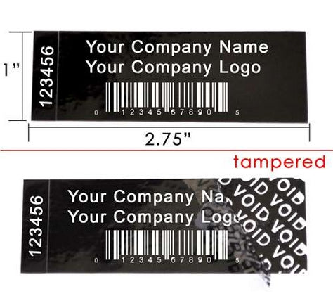 1,000 TamperColor Black Custom Printed Security Labels: Tamper Evident, Rectangle 2.75" x 1" (70mm x 25mm) >Click on item details to customize.