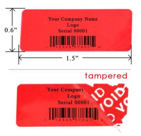 2,000 TamperColor Red Custom Printed Security Labels: Tamper Evident, Rectangle 1.5" x 0.6" (38mm x 15mm) >Click on item details to customize.