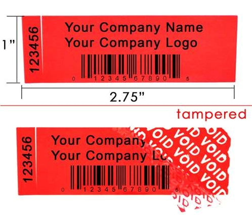 10,000 TamperColor Red Custom Printed Security Labels: Tamper Evident, Rectangle 2.75" x 1" (70mm x 25mm) >Click on item details to customize.