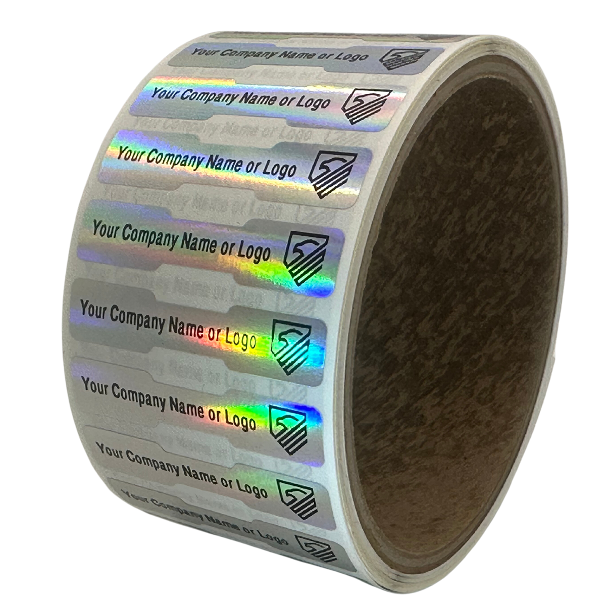 10,000 TamperColor Holographic Rainbow Color/ Finish Custom Printed Security Labels: Tamper Evident, Dogbone Shape Size 1.75" x 0.375 (44mm x 9mm) >Click on item details to customize.