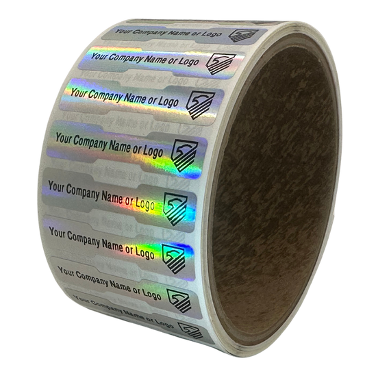 1,000 TamperColor Holographic Rainbow Color/ Finish Custom Printed Security Labels: Tamper Evident, Dogbone Shape Size 1.75" x 0.375 (44mm x 9mm) >Click on item details to customize.