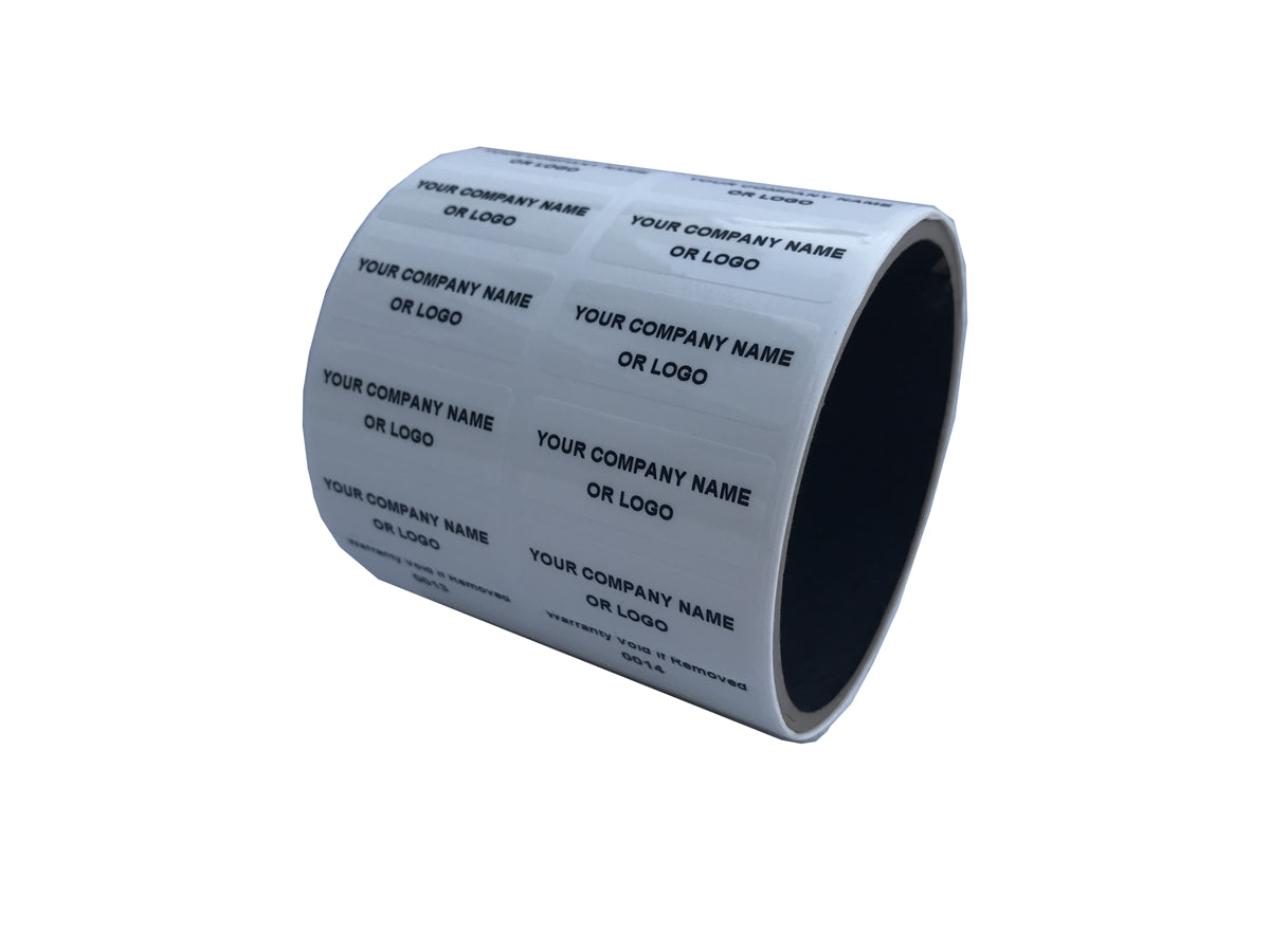 10,000 TamperColor White Custom Printed Security Labels: Tamper Evident, Rectangle 1.5" x 0.6" (38mm x 15mm) >Click on item details to customize.