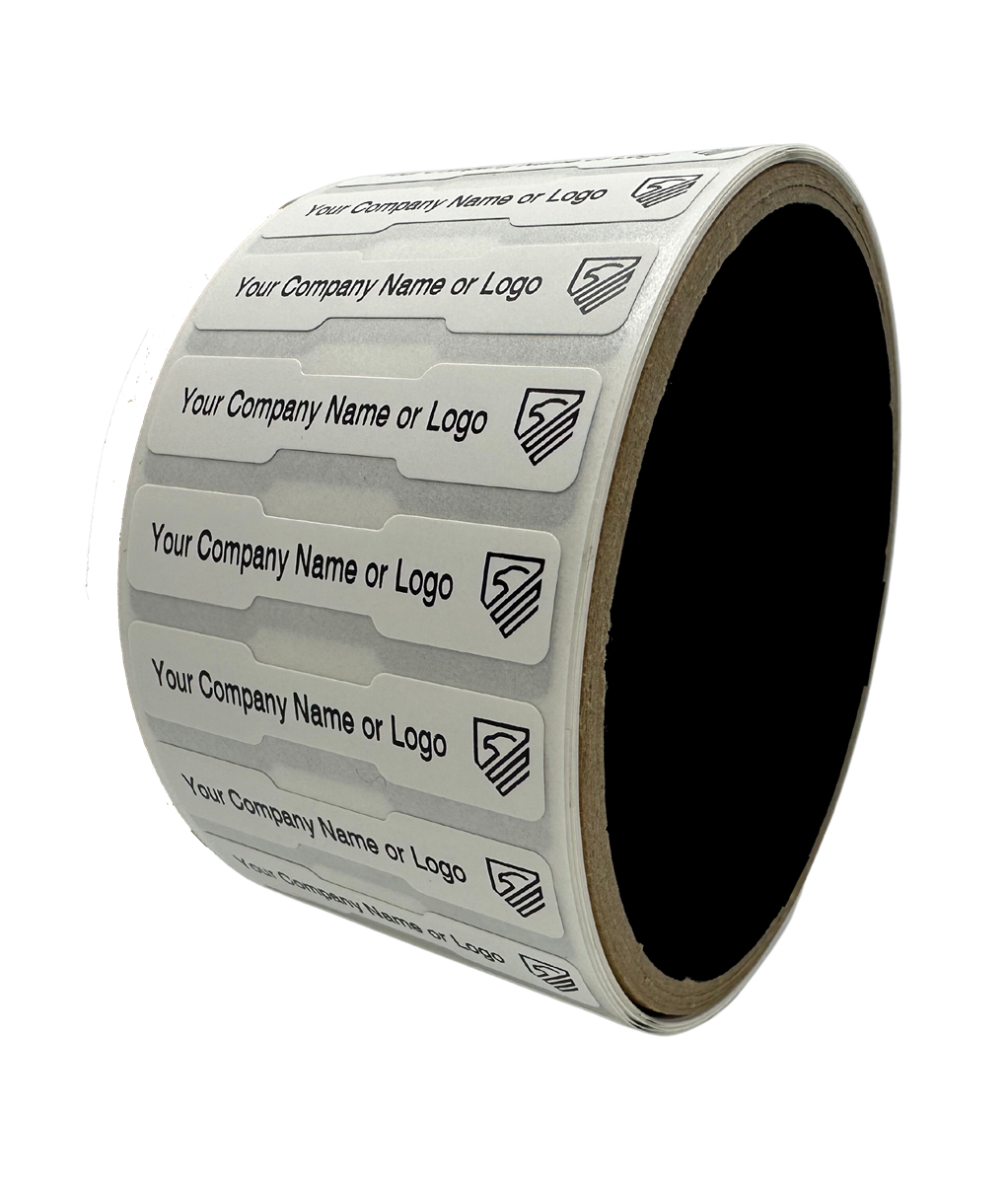 10,000 TamperColor White Custom Printed Security Labels: Tamper Evident, Dogbone Shape Size 1.75" x 0.375 (44mm x 9mm) >Click on item details to customize.