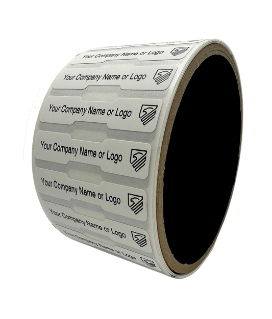 2,000 TamperColor White Custom Printed Security Labels: Tamper Evident, Dogbone Shape Size 1.75" x 0.375 (44mm x 9mm) >Click on item details to customize.