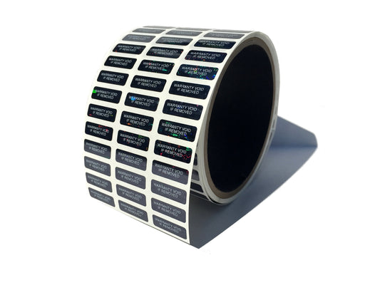250 Black Tamper Evident Security Holographic Label Seal Sticker, Rectangle 1" x 0.375" (25mm x 9mm). CustomPrinted. >Click on item details to Customize.
