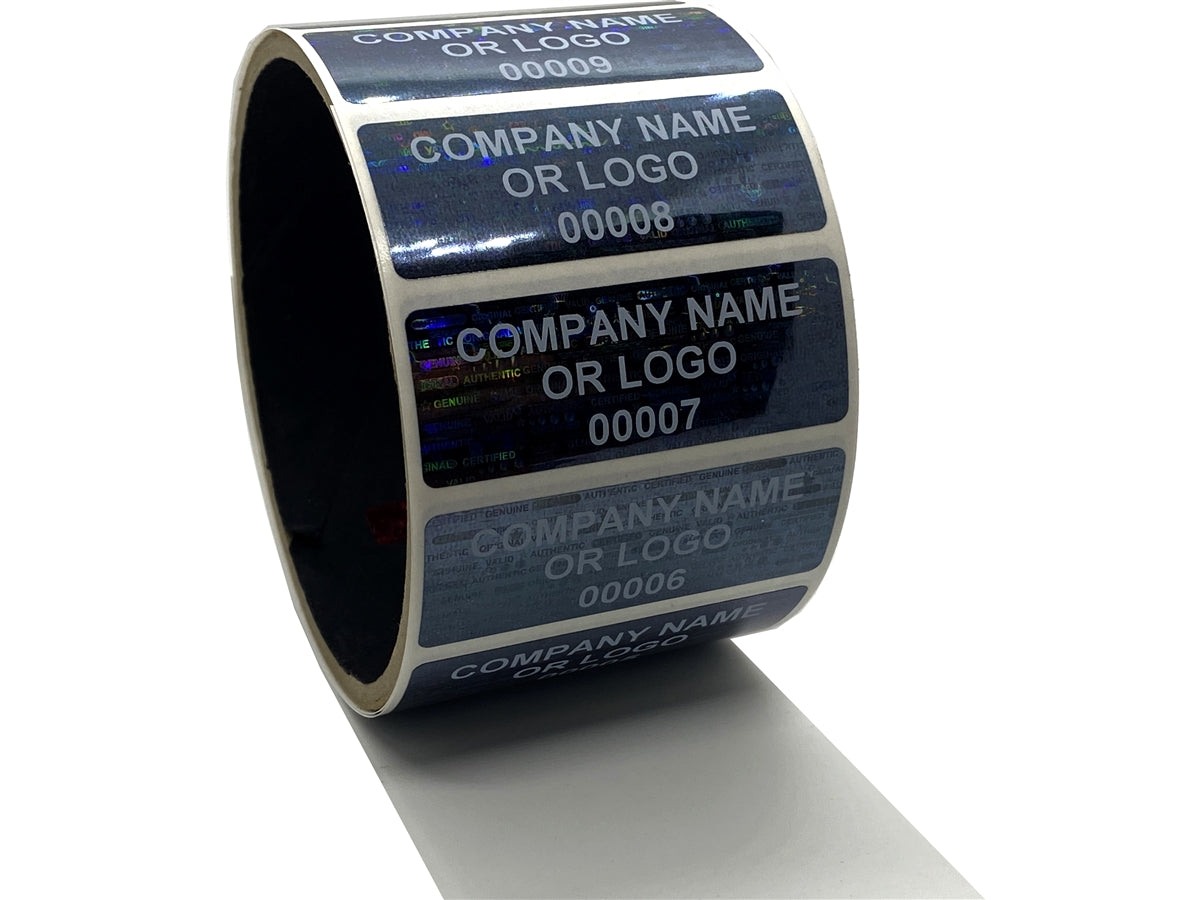 500 Black Tamper Evident Security Holographic Label Seal Sticker, Rectangle 2" x 0.75" (51mm x 19mm). CustomPrinted. >Click on item details to Customize.