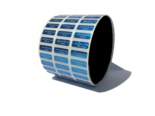 500 Blue Tamper Evident Security Hologram Label Seal Sticker, Rectangle 0.75" x 0.25" (19mm x 6mm). CustomPrinted. >Click on item details to Customize.
