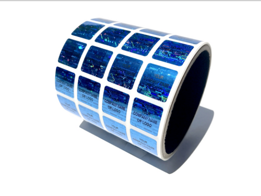 10,000 Blue Tamper Evident Security Hologram Label Seal Sticker, Rectangle .75" x 0.6" (19mm x 15mm). CustomPrinted. >Click on item details to Customize.
