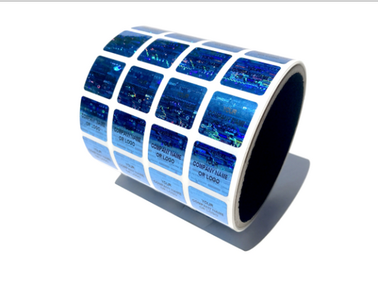 1,000 Blue Tamper Evident Security Hologram Label Seal Sticker, Rectangle .75" x 0.6" (19mm x 15mm). CustomPrinted. >Click on item details to Customize.