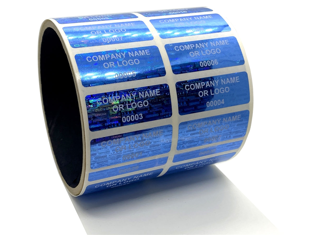 10,000 Blue Tamper Evident Security Holographic Blue Label Seal Sticker, Rectangle 1.5" x 0.6" (38mm x 15mm). CustomPrinted. >Click on item details to Customize.
