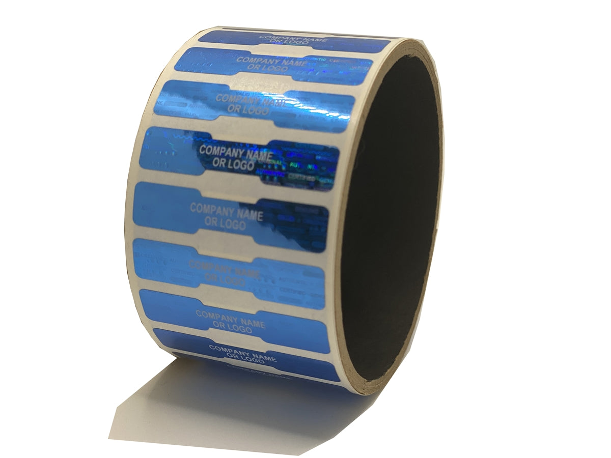 1,000 Blue Tamper Evident Security Hologram Label Seal Sticker, Dogbone 1.75" x 0.375" (44mm x 9mm). CustomPrinted. >Click on item details to Customize.