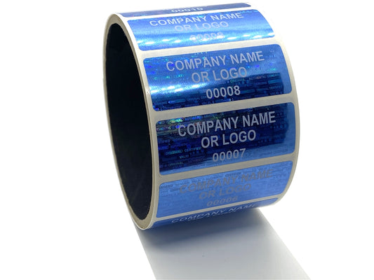 500 Blue Tamper Evident Security Holographic Label Seal Sticker, Rectangle 2" x 0.75" (51mm x 19mm). CustomPrinted. >Click on item details to Customize.