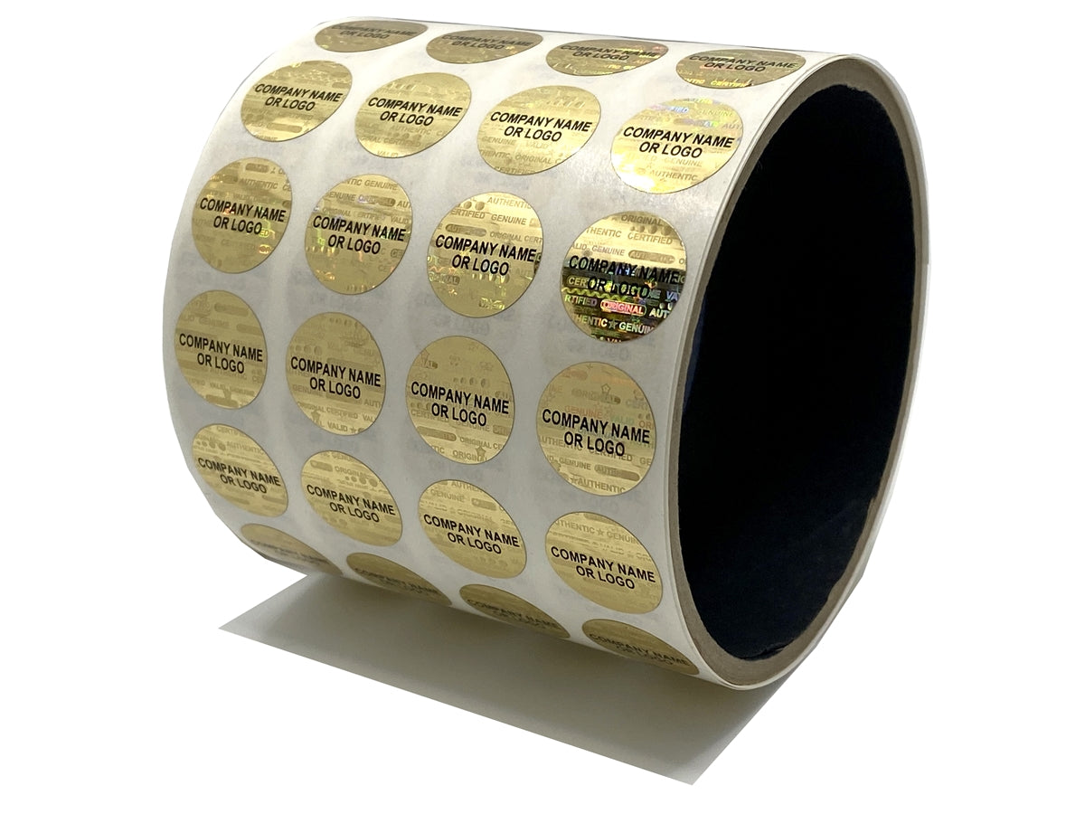 1,000 Gold Tamper Evident Security Holographic Round Label Seal Sticker, Circle 0.5" diameter (13mm). CustomPrinted. >Click on item details to Customize.