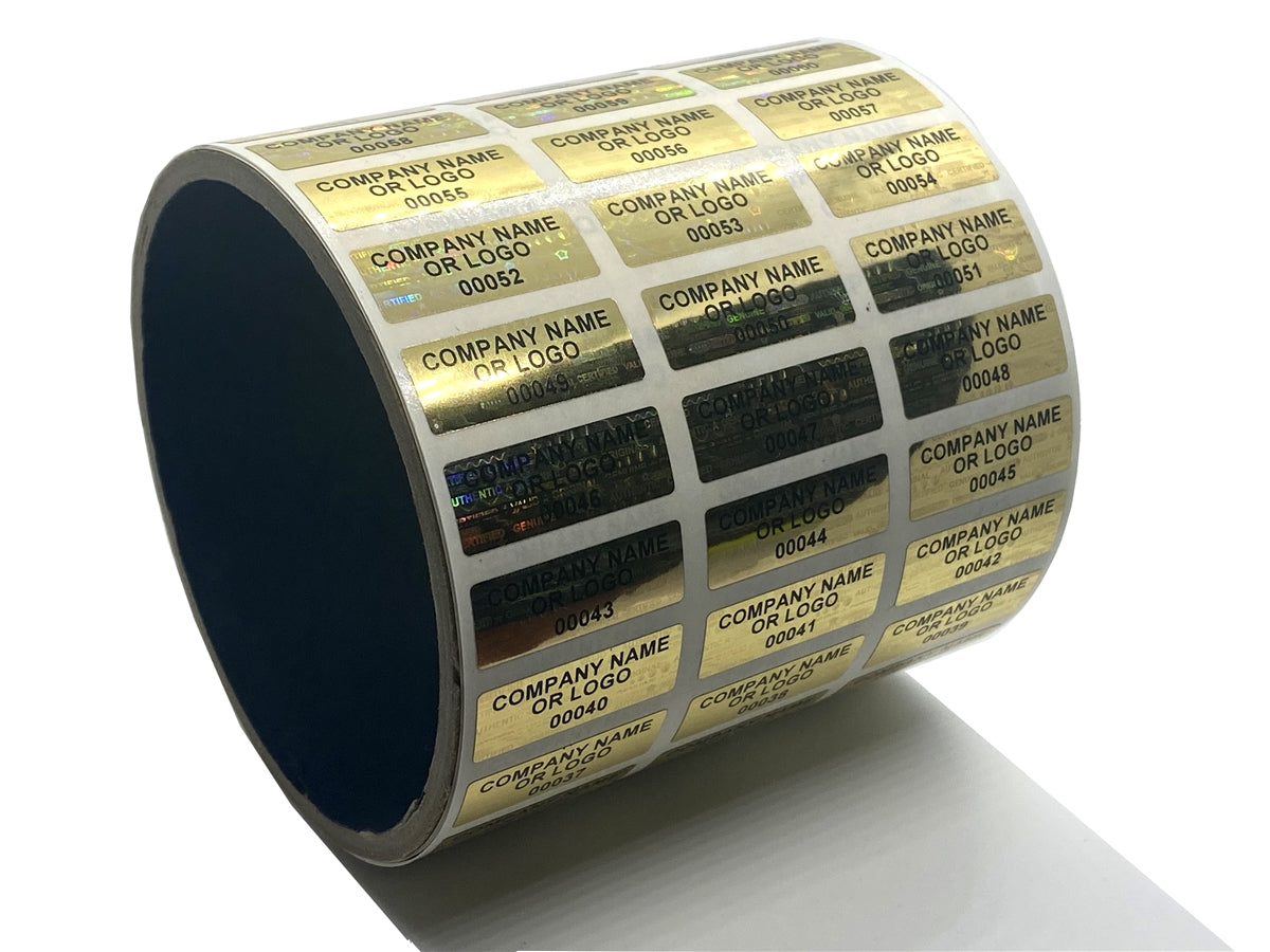 10,000 Gold Tamper Evident Security Hologram Label Seal Sticker, Rectangle 0.75" x 0.25" (19mm x 6mm). CustomPrinted. >Click on item details to Customize.