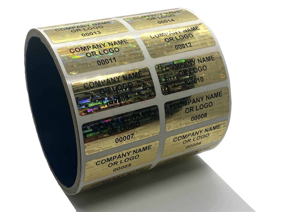 250 Gold Tamper Evident Security Hologram Label Seal Sticker, Rectangle 1.5" x 0.6" (38mm x 15mm). CustomPrinted. >Click on item details to Customize.