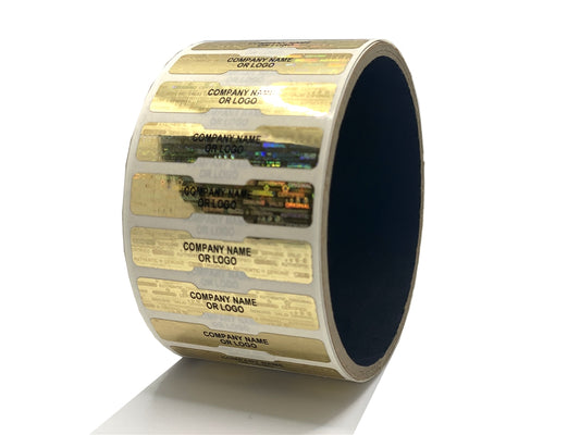 10,000 Gold Tamper Evident Security Hologram Label Seal Sticker, Dogbone 1.75" x 0.375" (44mm x 9mm). CustomPrinted. >Click on item details to Customize.