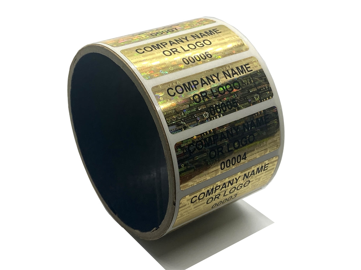 1,000 Gold Tamper Evident Security Holographic Label Seal Sticker, Rectangle 2" x 1" (51mm x 25mm). CustomPrinted. >Click on item details to Customize.