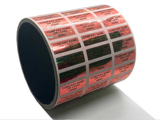 500 Red Tamper Evident Security Holographic Label Seal Sticker, Rectangle 1" x 0.5" (25mm x 13mm). CustomPrinted. >Click on item details to Customize.