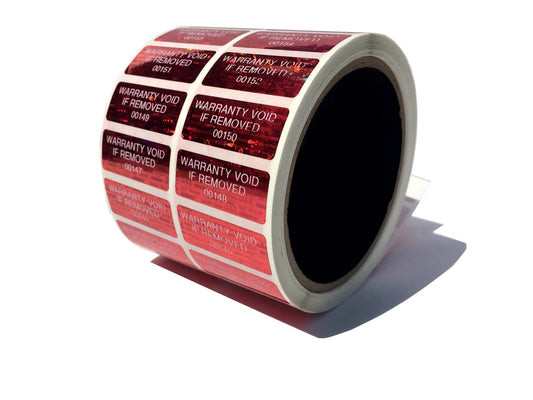 10,000 Red Tamper Evident Security Holographic Red Label Seal Sticker, Rectangle 1.5" x 0.6" (38mm x 15mm). CustomPrinted. >Click on item details to Customize.