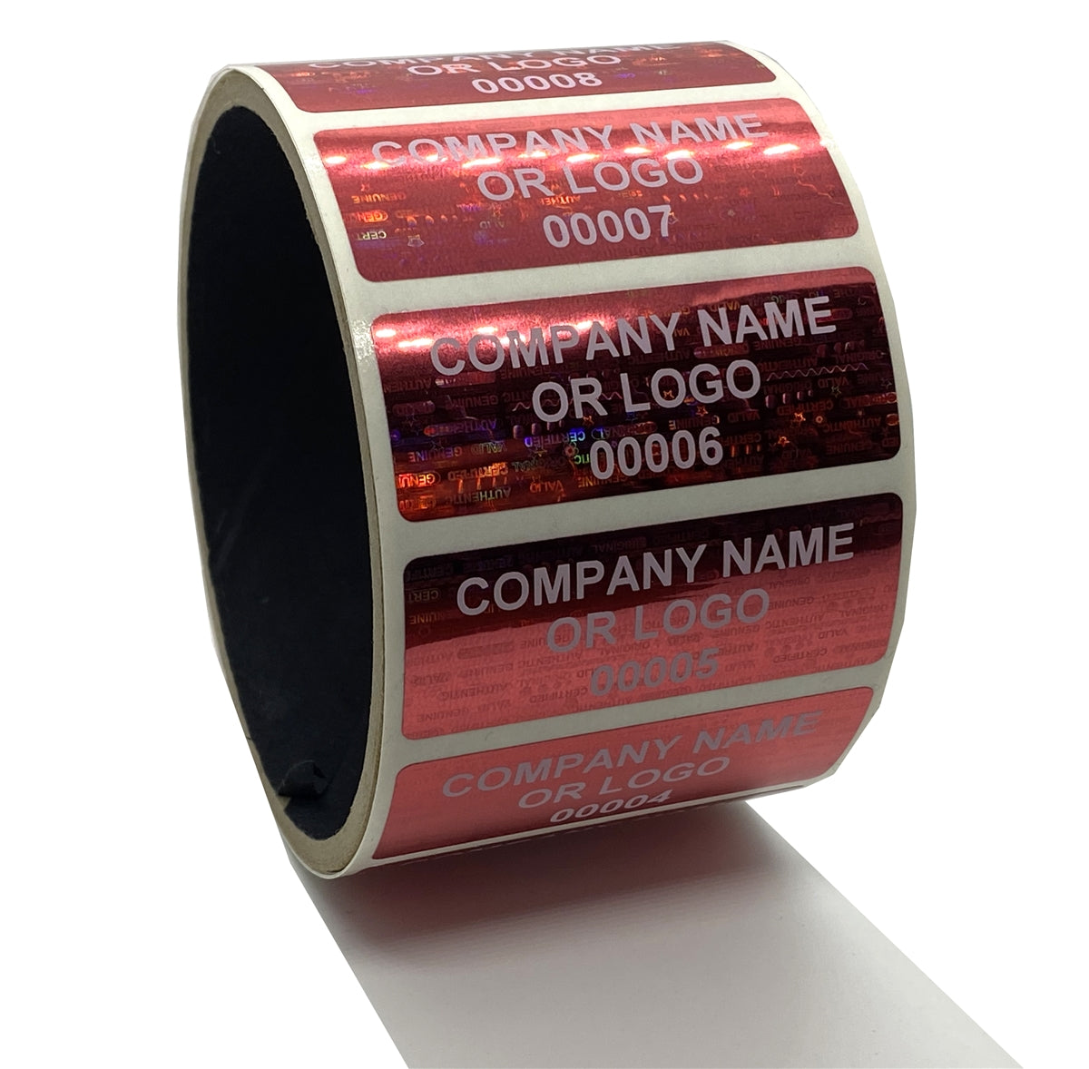 250 Red Tamper Evident Security Holographic Label Seal Sticker, Rectangle 2" x 0.75" (51mm x 19mm). CustomPrinted. >Click on item details to Customize.